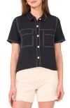 Vince Camuto Topstitched Short Sleeve Button-up Shirt In Black