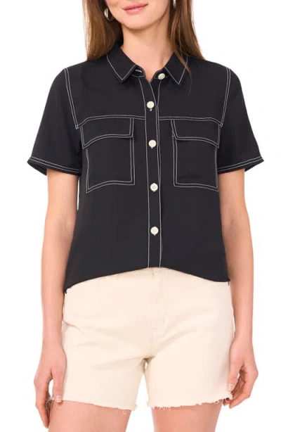 Vince Camuto Topstitched Short Sleeve Button-up Shirt In Black
