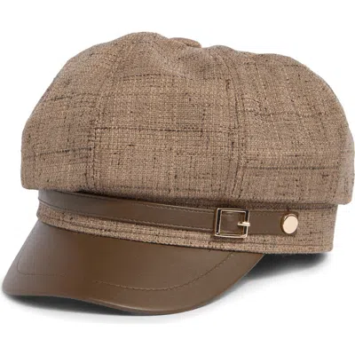 Vince Camuto Tweed & Faux Leather Newsboy Cap In Brown