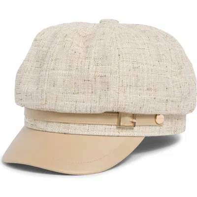 Vince Camuto Tweed & Faux Leather Newsboy Cap In Natural