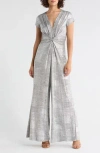 Vince Camuto Twist Front Foil Jumpsuit In Silver