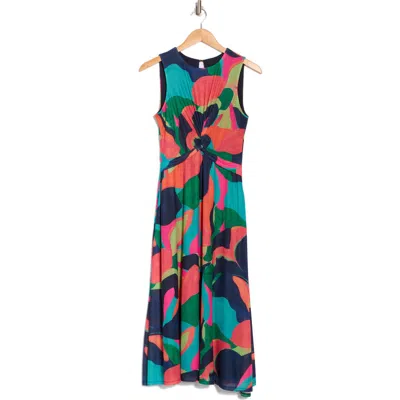 Vince Camuto Twist Front Sleeveless Mesh Midi Dress In Navy Multi