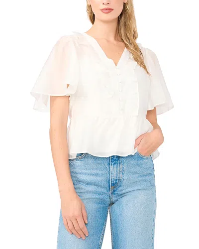 Vince Camuto V Neck Double Ruffle Button Down Top In White