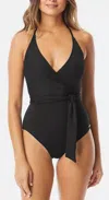 Vince Camuto V-neck Halter Tie One Piece Swimsuit In Black Sunset In Multi
