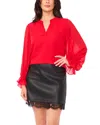 Vince Camuto V Neck Sheer Sleeve Top In Red