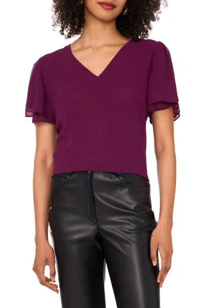 Vince Camuto V-neck Tulip Sleeve Chiffon Top In Burgundy