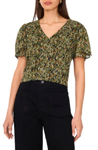 Vince Camuto V-print Tulip Sleeve Georgette Top In Green