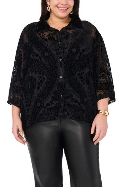 Vince Camuto Velvet Burnout Sheer Button-up Shirt In Rich Black