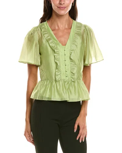 Vince Camuto V-neck Double Ruffle Button-down Shirt In Green