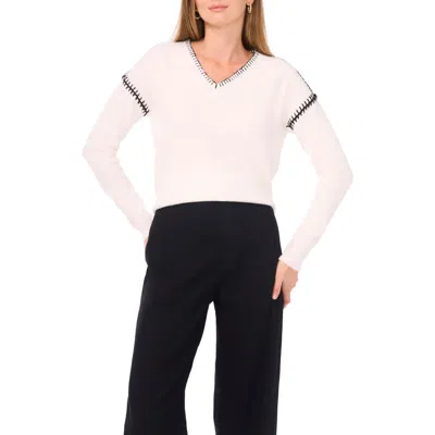 Vince Camuto Whipstitch V-neck Sweater In White