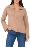Vince Camuto V Neck Spread Collar Sweater In Almond Beige
