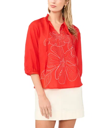 Vince Camuto Women's 3/4-length Sleeve Wide Pleated Neck Blouse In Red