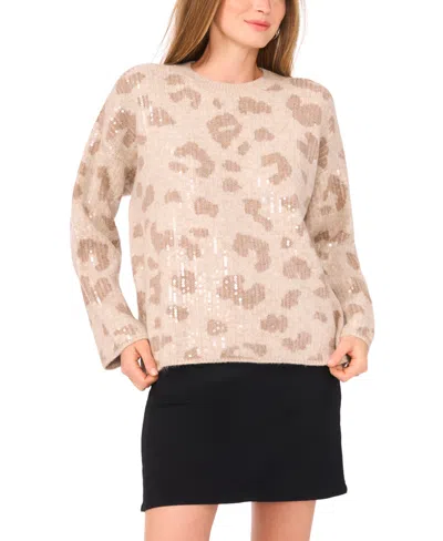 VINCE CAMUTO WOMEN'S ANIMAL-PRINT CREWNECK SEQUINED LONG-SLEEVE SWEATER