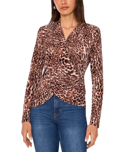 Vince Camuto Women's Animal Print Long-sleeve Faux-wrap Top In Brown