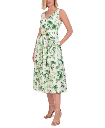 Vince Camuto Petite Printed V-neck Belted Cotton Midi Dress In Green