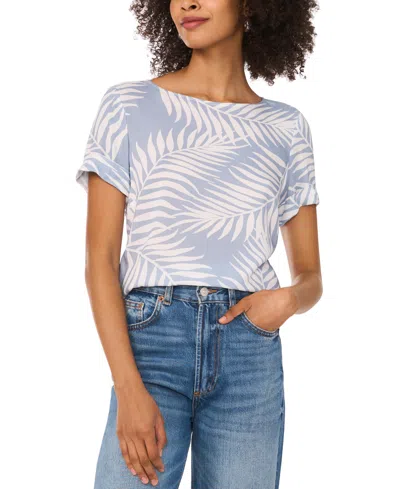 Vince Camuto Women's Tropical-print Boat-neck Short-sleeve Cuff Top In Lake Breeze