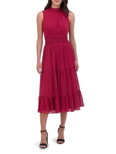 Vince Camuto Women's Chiffon Smocked-waist Midi-dress In Burgundy