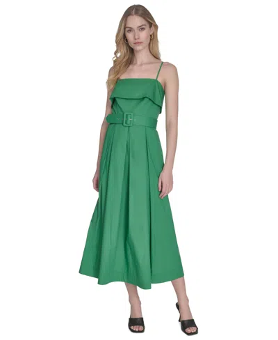 Vince Camuto Women's Cotton Belted Foldover-neck Midi Dress In Grn