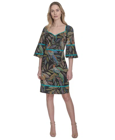 Vince Camuto Women's Cotton Leaf-print Piped-trim Dress In Bml