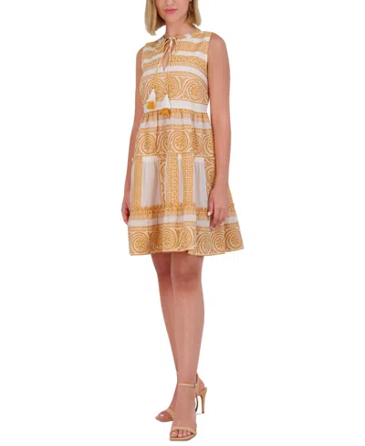 Vince Camuto Women's Cotton Mosaic Tassel-tie Dress In Marigold