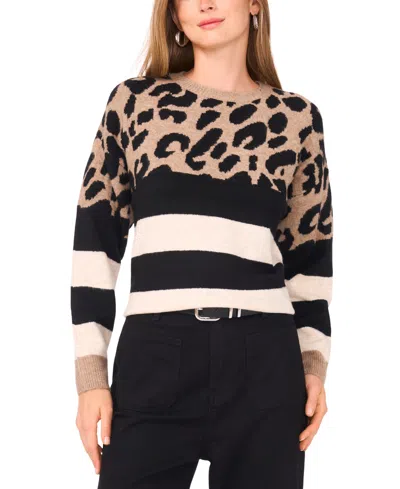 Vince Camuto Women's Cozy Crewneck Animal-print Stripe Long-sleeve Sweater In Multi