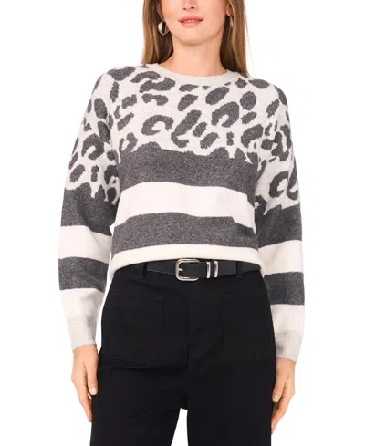 VINCE CAMUTO WOMEN'S COZY CREWNECK ANIMAL-PRINT STRIPE LONG-SLEEVE SWEATER