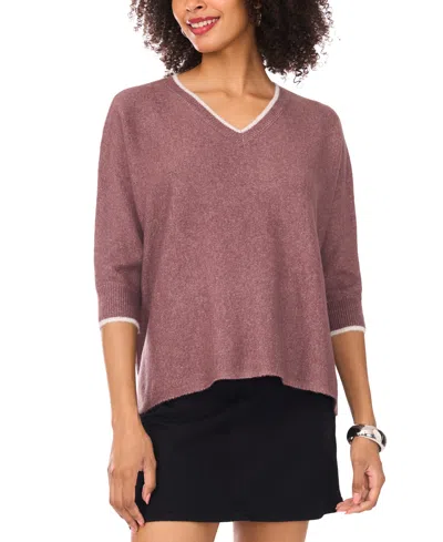 Vince Camuto Women's Cozy V-neck Tipped 3/4-sleeve Sweater In Pink