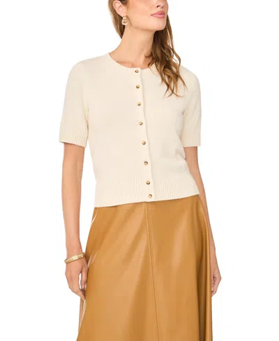 Vince Camuto Short Sleeve Crewneck Cardigan In White