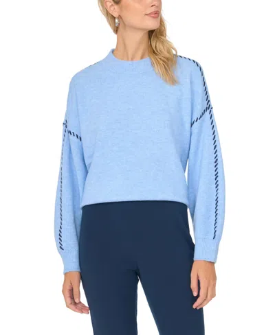 Vince Camuto Women's Crewneck With Whipstitch Long Sleeve Loose-fit Sweater In Blue