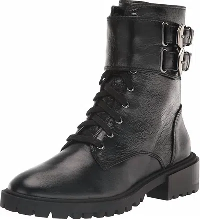 Vince Camuto Women's Croc Lace Up Fawdry Block Heel Leather Combat Boot In Black