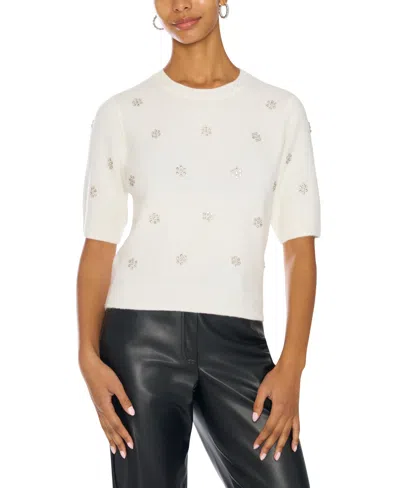 Vince Camuto Women's Embellished Crewneck Short-sleeve Sweater In White