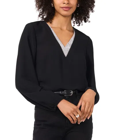 Vince Camuto Rhinestone Trimmed Long Sleeved Top In Black