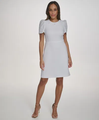 Vince Camuto Womens Embroidered Fit Flare Crewneck Dress In Gray