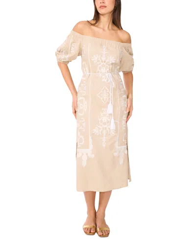 VINCE CAMUTO WOMEN'S EMBROIDERED LINEN-BLEND OFF-THE-SHOULDER MIDI DRESS
