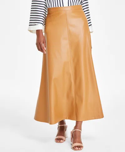 Vince Camuto Womens Striped Tie Hem Blouse Faux Leather Seamed Maxi Skirt In Desert Camel