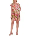 Vince Camuto Floral Cap Sleeve Linen Blend Dress In Coral