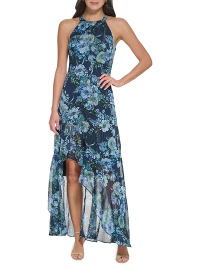 Vince Camuto Women's Floral Chiffon Fit & Flare Maxi Dress In Navy