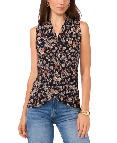Vince Camuto Women's Floral Crossover Wrap-front Sleeveless Top In Rich Black