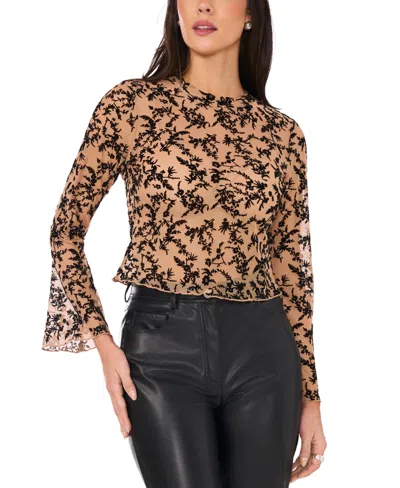 Vince Camuto Women's Floral-flocked Bell Sleeve Cropped Top In Rich Black