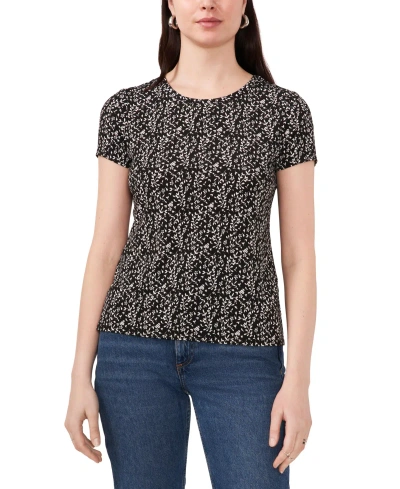 Vince Camuto Women's Floral Keyhole Back Short Sleeve Top In Rich Black