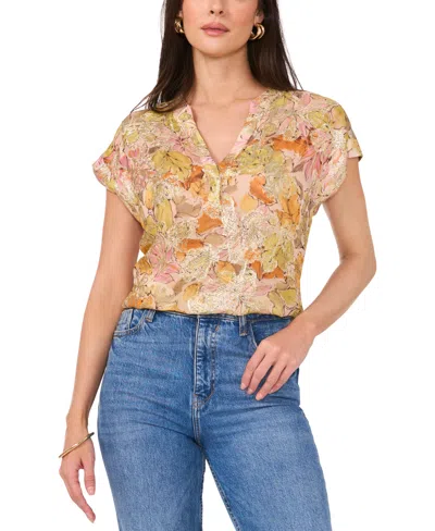 Vince Camuto Women's Floral Metallic Split-neck Cap-sleeve Top In Crushed Orange