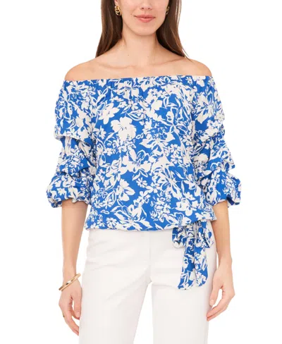 Vince Camuto Women's Floral Off The Shoulder Bubble Sleeve Tie Front Blouse In Classic Blue Floral