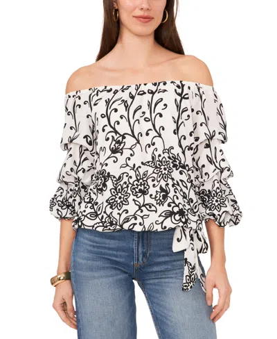 Vince Camuto Women's Floral Off The Shoulder Bubble Sleeve Tie Front Blouse In Rich Black