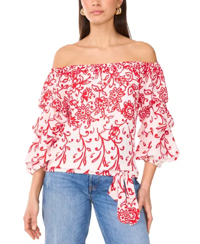 VINCE CAMUTO WOMEN'S FLORAL OFF THE SHOULDER BUBBLE SLEEVE TIE FRONT BLOUSE