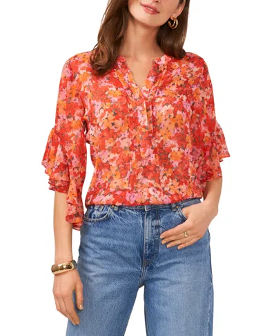 Vince Camuto Women's Floral Pintuck Flutter-sleeve Top In Tulip Red