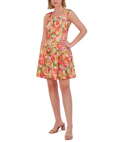 Vince Camuto Women's Floral Pleated-sleeve Square-neck Dress In Marigold