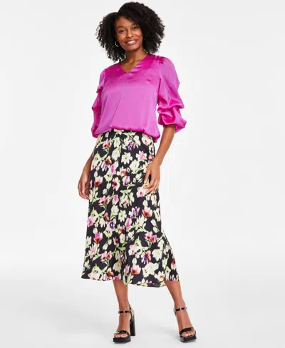 Vince Camuto Women's Floral-print A-line Midi Skirt In Rich Black