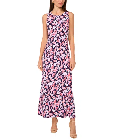 Vince Camuto Women's Floral Sleeveless Keyhole-back Crewneck Maxi Dress In Classic Navy