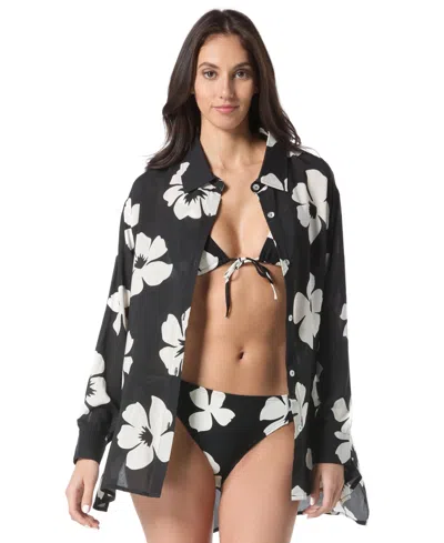 Vince Camuto Women's Floral-print Cotton Cover-up Shirt In Black