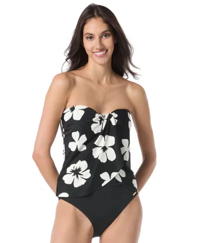 Vince Camuto Women's Floral-print Draped Tankini Top In Black